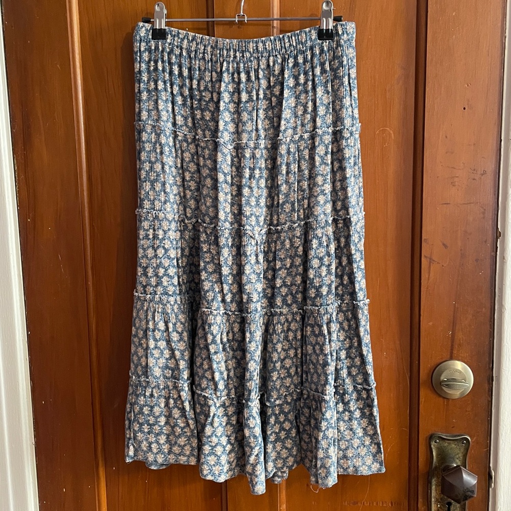 Denim & Supply Ralph Lauren Blue and White Smocked A-Line Midi Skirt